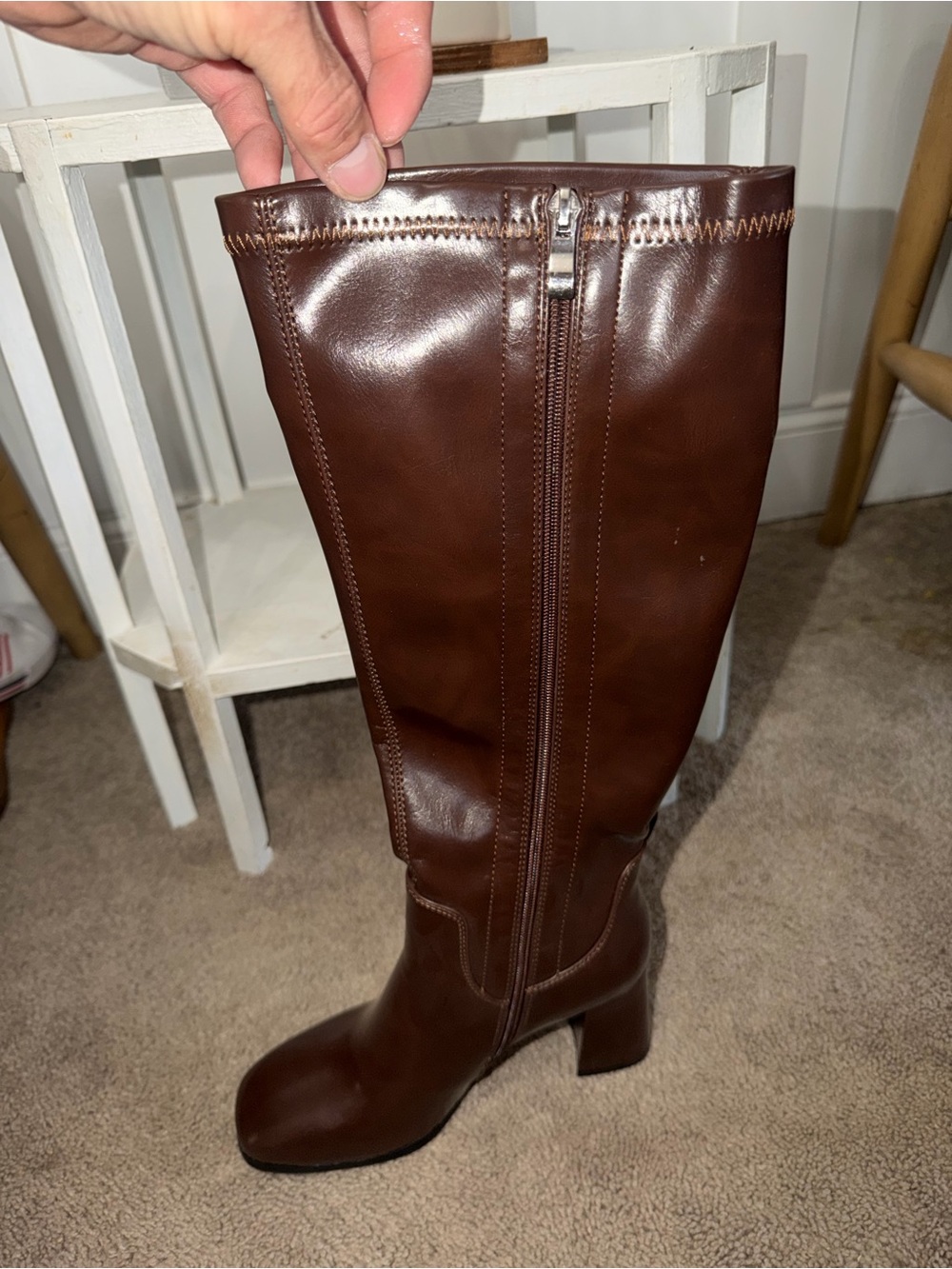 Women's Brown Mid-Calf Leather Block Heel Boots - Picture 2 of 6